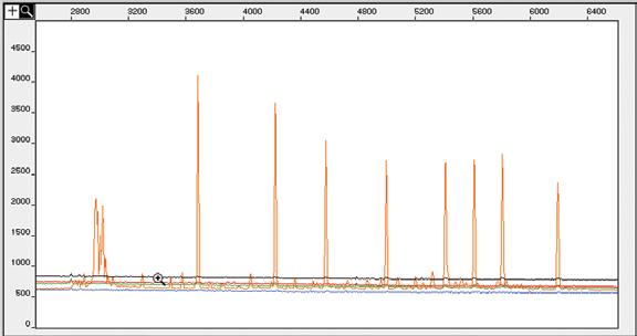 8119TA Figure 5. CC5 Matrix raw data. The CC5 Matrix standard was analyzed using an ABI PRISM 310 Genetic Analyzer. GeneScan analysis software was used to view the raw data (in the Sample menu).