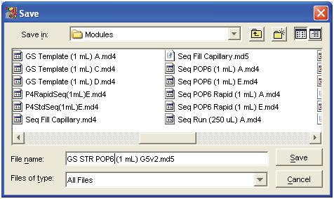 4.A. Instrument Preparation (continued) 6. Save the new module in the Modules folder. Change the file name to GS STR POP6 (1mL) G5v2.md5, and select Save (Figure 5). 9105TA Figure 5. The Save screen.