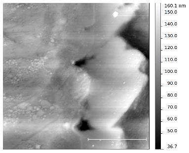 The images were recorded after storing the sample in approx 25 o C in 87 % RH for 30 min (left) and 150 min (right). Scan areas: 30x30 m 2.