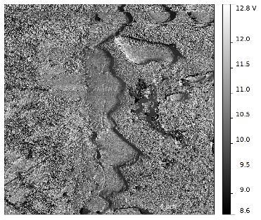 Fig. 13. Tapping-mode AFM images of the Cu-solder interface part (area 2) of the specimen after 180 min in the HAST chamber. Left: phase map; right height map. Scan area: 10x10 m 2.