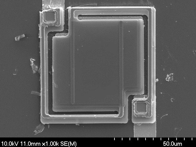 Vanadium Oxide Microbolometer Using ZnO Sandwich Layer Figure 5. SEM image of microbolometer device. Figure 6. Responsivity and detectivity of microbolometer devices as a function of frequency. Fig. 5 shows the SEM image of the microbolometer fabricated in this experiment.