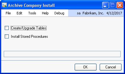 SQL Archive Company Install Tools >> Utilities >> System >> Company Data Archive Install Make sure that you are logged in as the System Administrator sa.