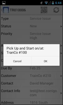 CorrigoNet Mobile Technician Application User Guide: Android Devices 5. On the popup screen that appears, click OK to pickup and start the work order.