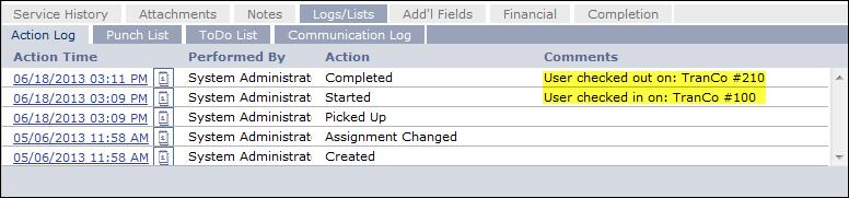 As with previous mobile application work order tasks, all actions you take on the work order are tracked and are visible through the Action Log tab on the Work