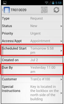Section 5: Secondary Work Order Tasks 3. Tap any of the work orders to view its corresponding work order details screen, which lists the Scheduled Start date and the Due By date.