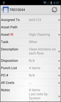 Note: If an item in a multi-item work order contains a warranty, the W does not appear on the main work order details screen.
