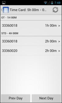 CorrigoNet Mobile Technician Application User Guide: Android Devices 4. Tap the Prev Day button to view details about the work order hours recorded for the previous day. 5.