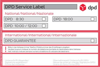 CLASSIC parcels must be marked with the Exchange service label for the outward shipping: + EXPRESS parcels must be marked with the parcel label, DPD service label