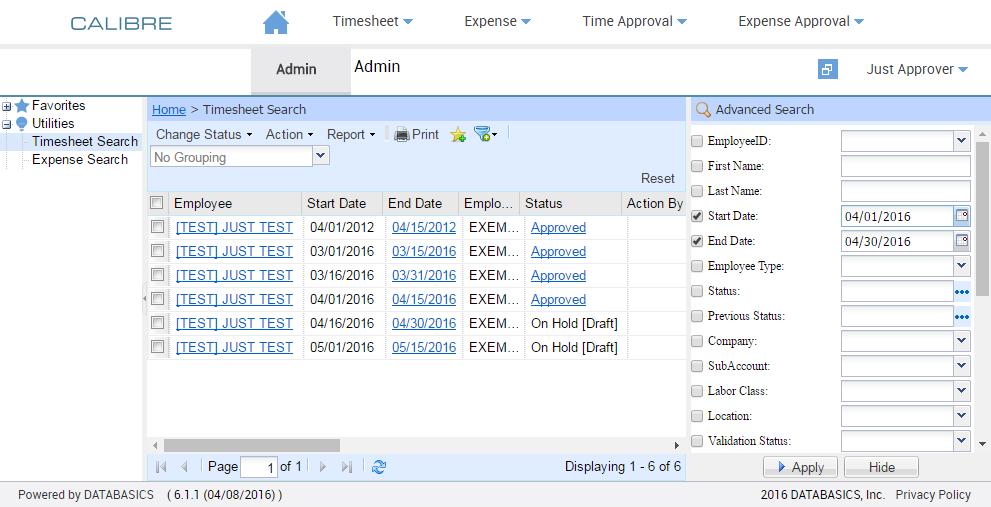 The following screen appears after click on Timesheet Search. In this example, the Approver has selected all On Hold (unsubmitted) timesheets for his Approval Team ( My Team ).