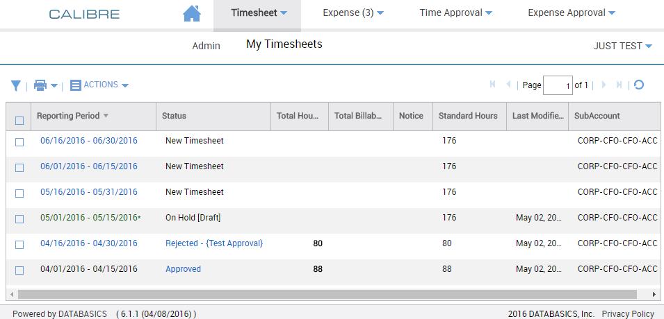 Figure 22: My Timesheets Screen Showing Rejected Timesheet 3. Your timesheet will then display.
