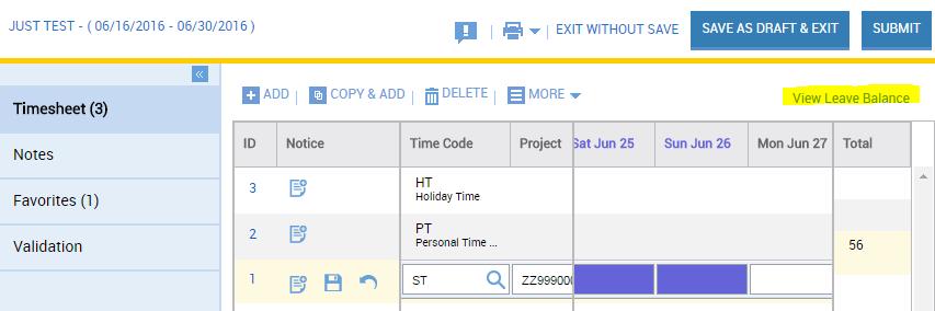 Figure 30. View Leave Balance within your timesheet B. By accessing the Print/Preview drop down menu (see Figure 31) and select Leave Balance Report.
