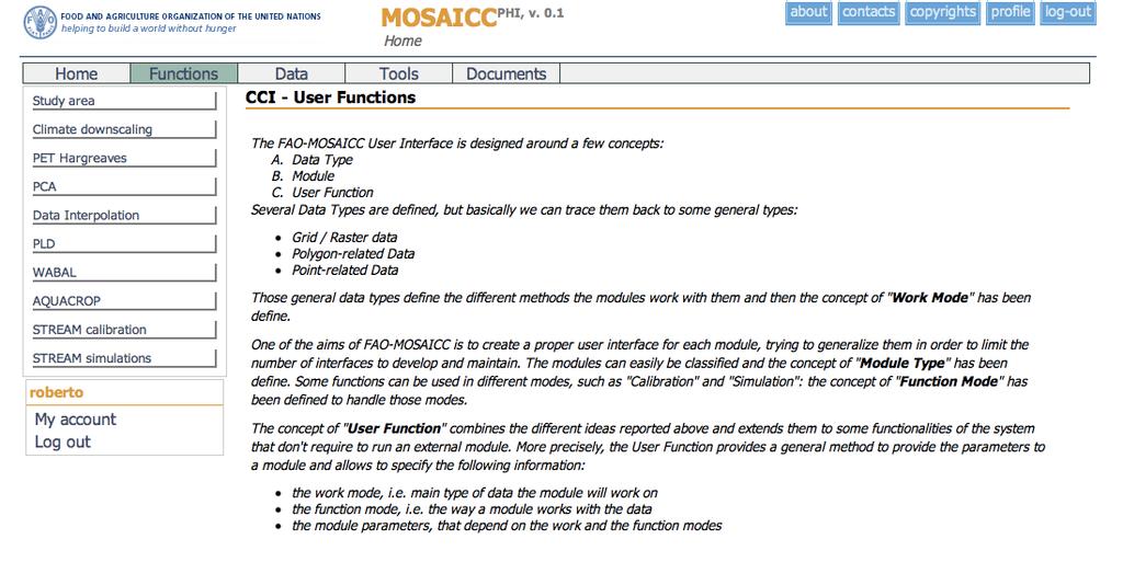 Menu containing containing the different functions/tools of MOSAICC
