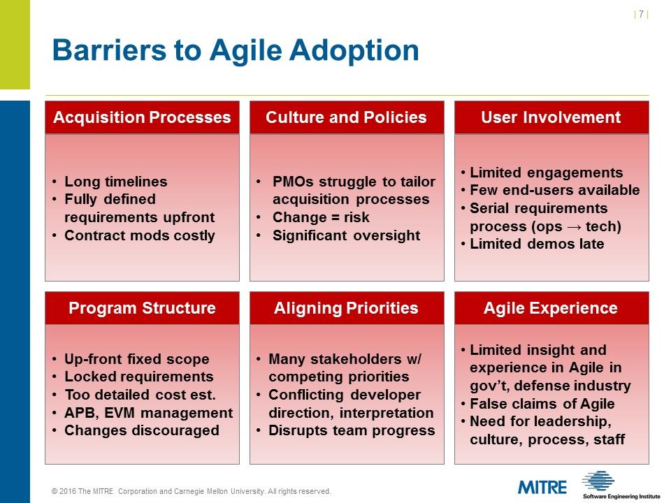 SEI/Mitre Perspective on Government Agile Adoption Barriers Which of these do your
