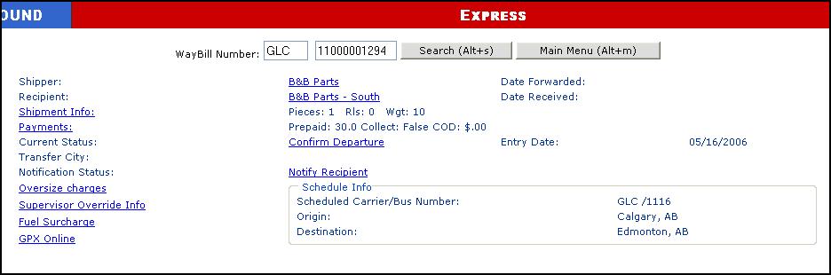 3. Click Search and the waybill (shipment) information appears. Carrier code appears here. Waybill number appears here. Click Search here. 4.