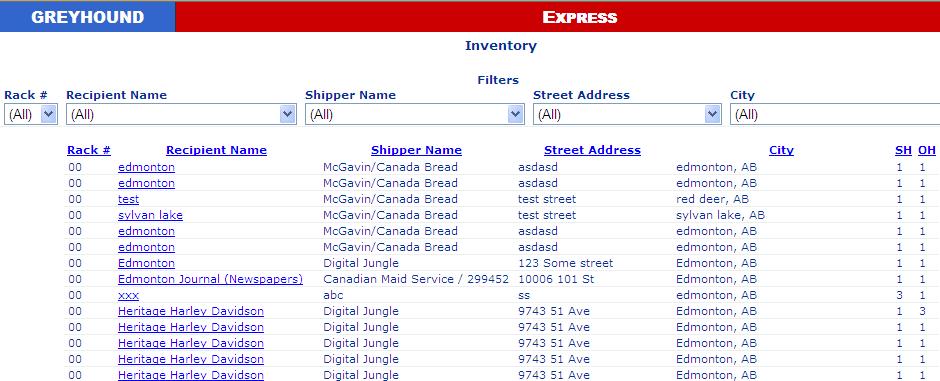 2. To view the details of an inventory item, click the drop-down arrows to find a specific rack location, Recipient Name, Shipper Name, Street
