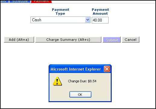 5. Click OK after giving the customer their change. Change Due dialog box. Click OK here.