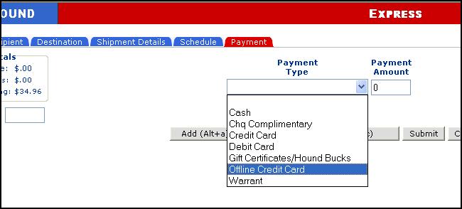 Credit Card - Offline Method A debit card cannot be accepted offline.