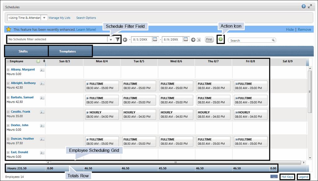 Explore: The Schedules Page Elements and Descriptions Element Shifts tab Templates tab Employee scheduling grid Totals row Hot Keys link Legend link Schedule filter field Action icon Description Used