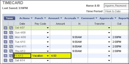 The following illustration shows a sample hourly timecard with a pay code edit for non-worked hours: s Adding a pay code amount in an hourly timecard 1 Are there punches in the day where you want to