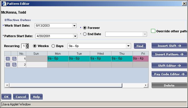 You can modify the schedule pattern using the Pattern Editor. The following illustration shows this example in the Pattern Editor with a shift change in Friday s cell.
