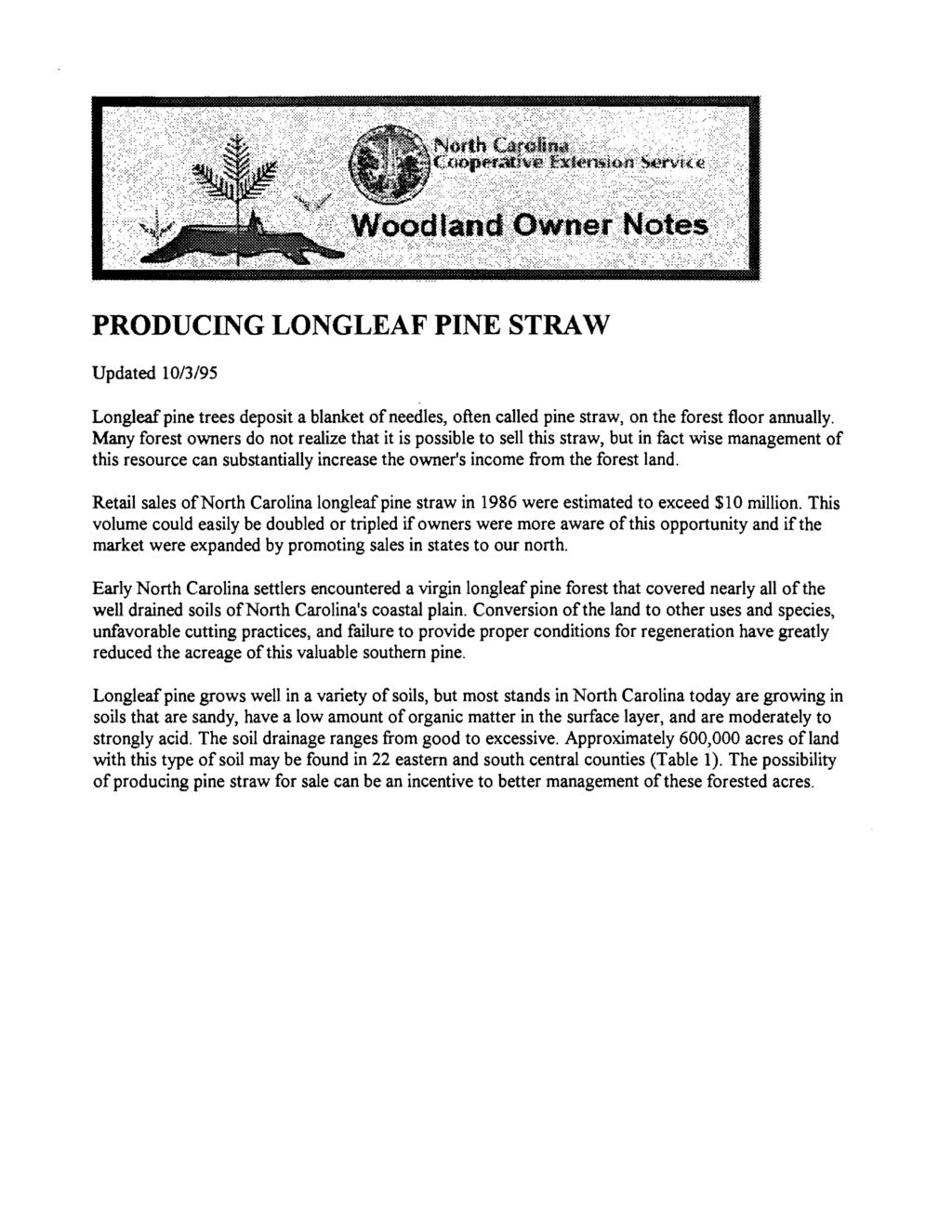 PRODUCING LONGLEAF PINE STRAW Updated 10/3/95 Longleaf pine trees deposit a blanket of needles, often called pine straw, on the forest floor annually.