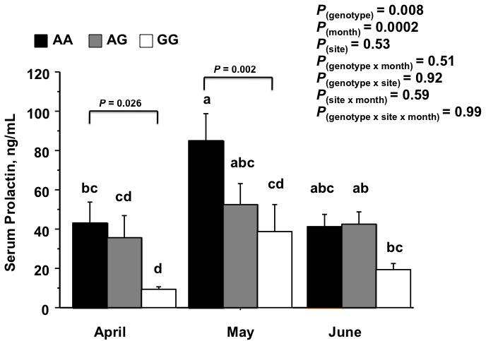 Figure 2.5 Serum prolactin levels by month and genotype for Experiment 2.