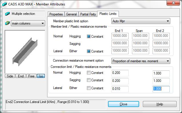 any of the selected members and select Properties to open the Member attributes dialog then select the Plastic limits page.