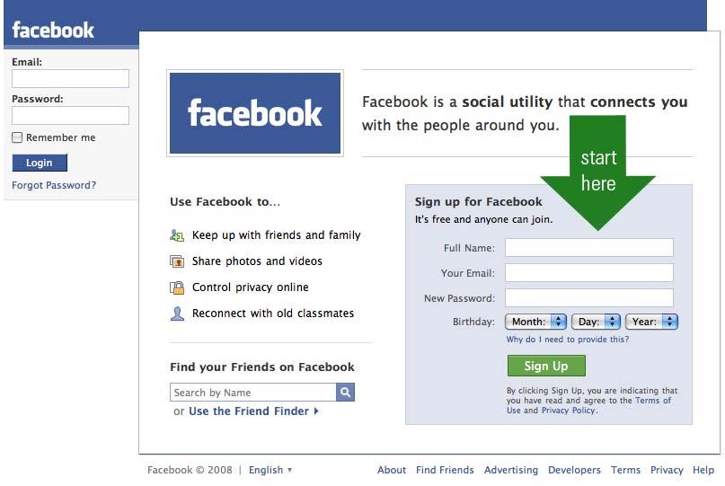 1. Creating an Account GETTING STARTED Go to www.facebook.com. The Facebook homepage is pictured below.
