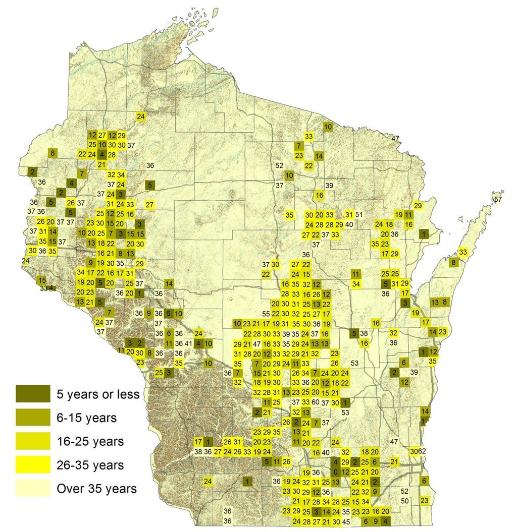Agricultural Irrigation in Wisconsin: Trends in Where We Irrigate Average well age by township - Oldest wells are located in the middle