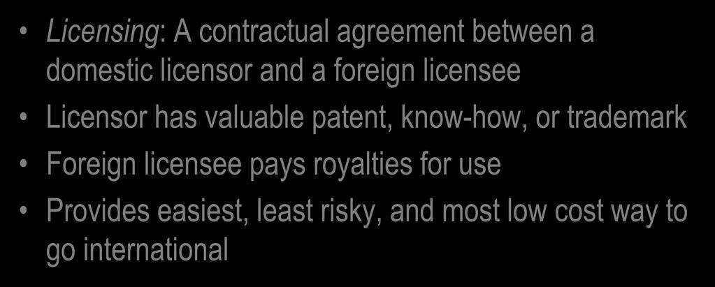 Licensing Licensing: A contractual agreement between a domestic licensor and a foreign licensee Licensor has valuable patent,