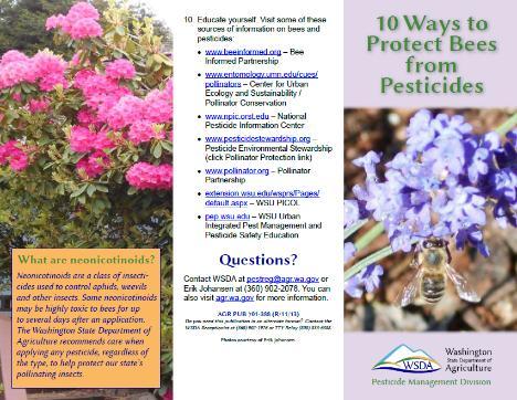 Washington State Department of Agriculture 2013: 10 Ways to Protect Bees from Pesticides.