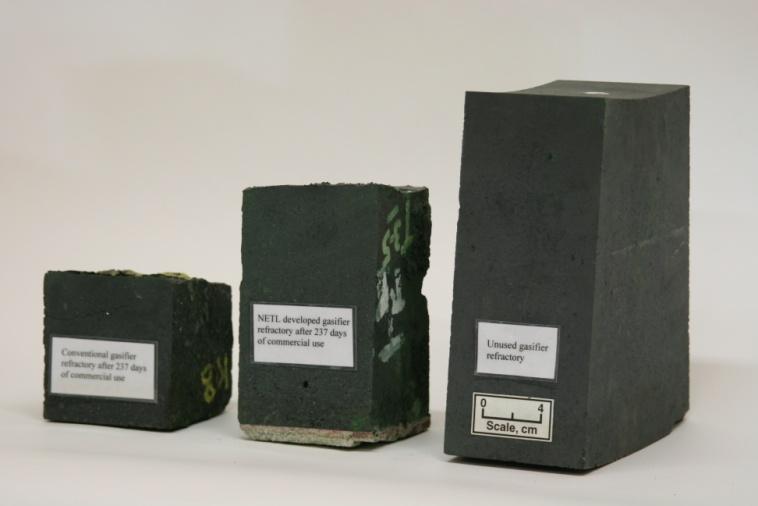 Fig. 4 Phosphate containing refractory (middle) versus conventional refractory (left) after field trials with a virgin brick (right) for comparison. 4. US Coal Slag A coal quality database was published by USGS [5] listing coal properties of United States coals.
