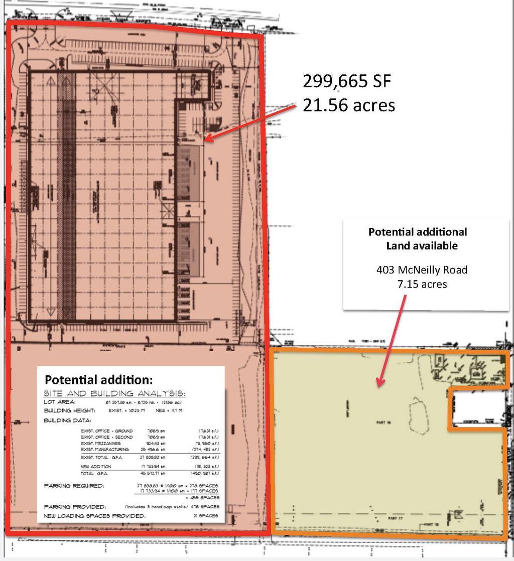 Area: 21.56 acres (adjacent land potential for expansion) Building Size: 299,665 SF building, including: 5,262 SF of move-in ready office 9,950 SF of mezzanines 274,452 SF of high-bay plant/warehouse.