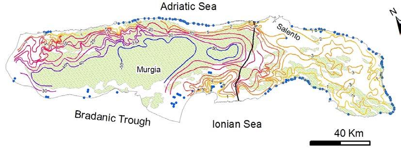 Schematic geological map of Murge and Salento Calcarenites, sands and clays (Pliocene- Quaternary); Calcarenites and marly