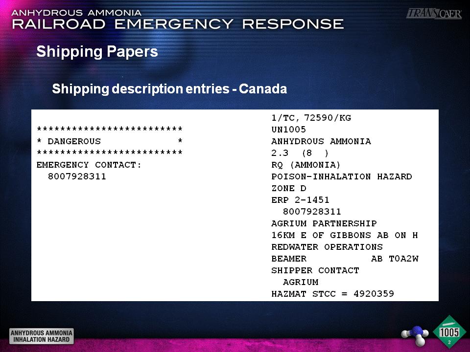 6. Shipping description entries - Canadian shipment of anhydrous ammonia.