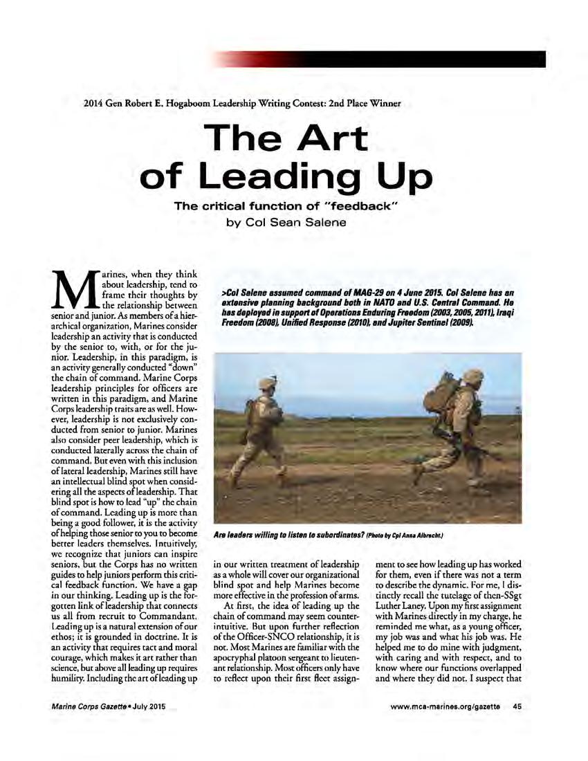 The Art of Leading Up Sean Salene Marine Corps Gazette; Jul 2015; 99, 7; pg.