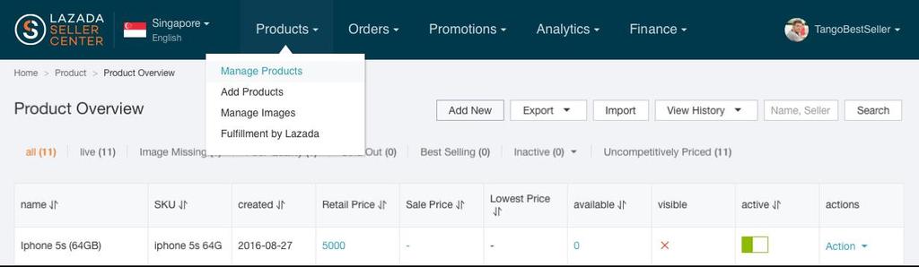 Product Overview 1 2 3 4 5 6 1. Add New: Add new product. Alternatively, seller can click on Add Products. 2. Export: Export existing SKU information in a CSV format per category 3.