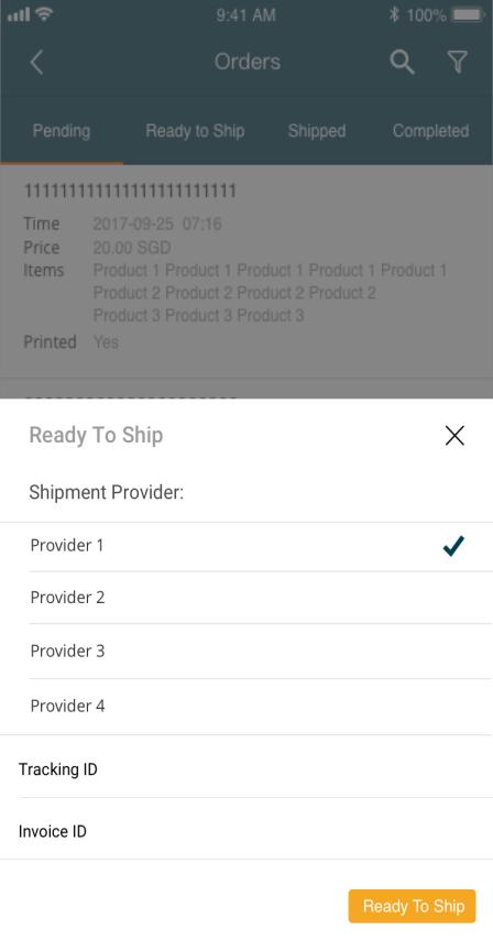 Manage order- Updating order status Select the items to update the status, then click on Ready to Ship Select shipment provider and click