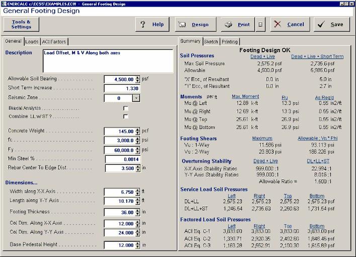 122 ENERCALC Basic Usage Soil Pressure and Increase Factor specify the allowable soil bearing pressure to compare with analysis values.