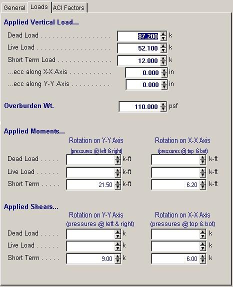 126 ENERCALC Axial Loads You can apply a dead, live, and short-term axial load to the footing. These loads will be DL+LL and DL+ST+[LL] combinations when calculating maximum bearing pressures.