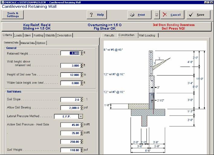 242 ENERCALC Basic Usage Entering Soil Data specifies the lateral earth pressures applied to the wall. Active Pressure will be used on over toe and/or heel unless Slope is non-zero.