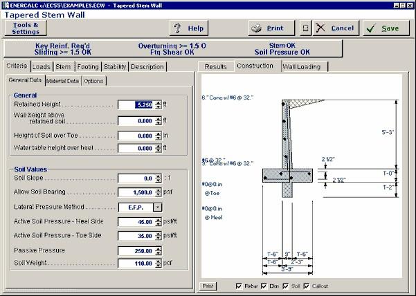 294 ENERCALC Toe and heel dimension. Wall extension above retained height. Footing key depth, width, and location. Soil height over the toe.