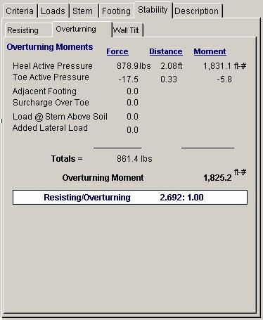 312 ENERCALC The total overturning moment is displayed, and the Resisting/Overturning ratio.