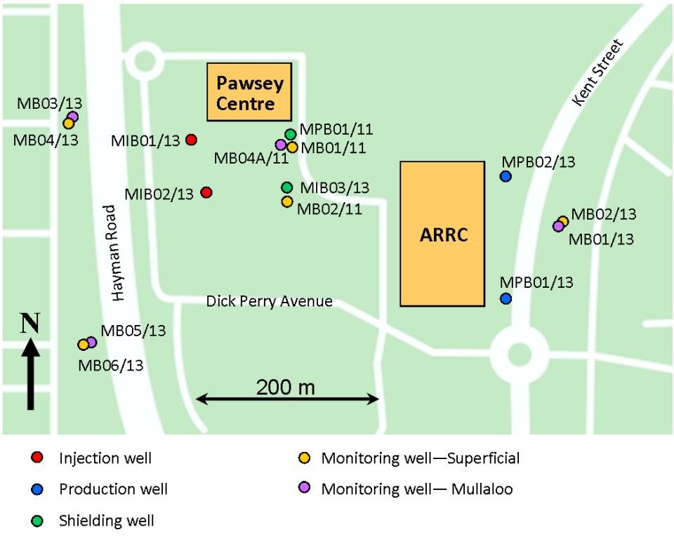 The system comprises two production wells on the east side (~21 C), two injection wells on the west side (up to ~31 C) and two shielding wells in the centre (~21 C).