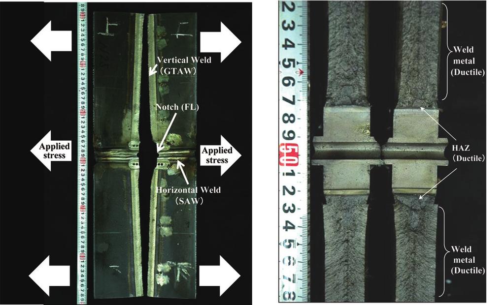 Fig. 12 Fracture path and fracture surface of cross weld notch wide test (Heat A, 25 mmt) Heat A Heat B Fig.