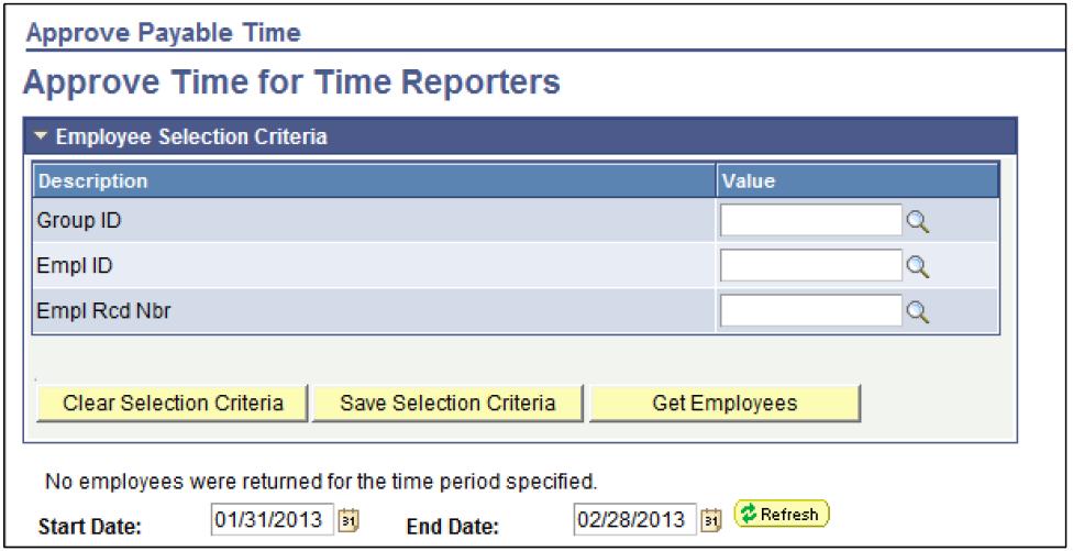 Payable Time Approval 2 nd Level Approver Select the Payable Time hyperlink and the below page will appear.