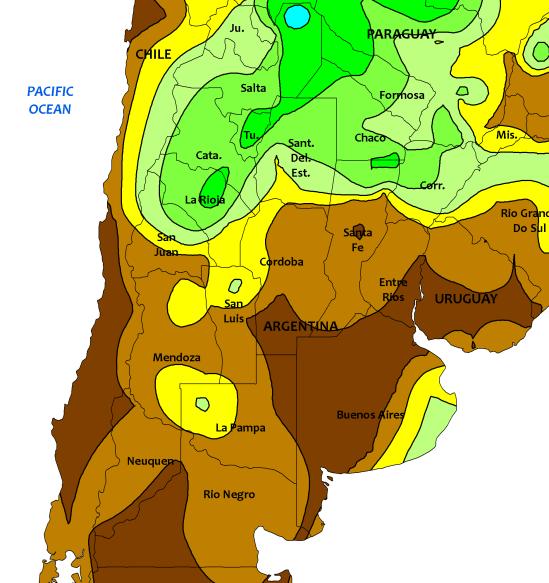Figure 4: Cumulative rainfall the past week The weather forecast for Argentina in the week ahead expects some rainfall in the northern parts of Argentina but the central and southern parts could see