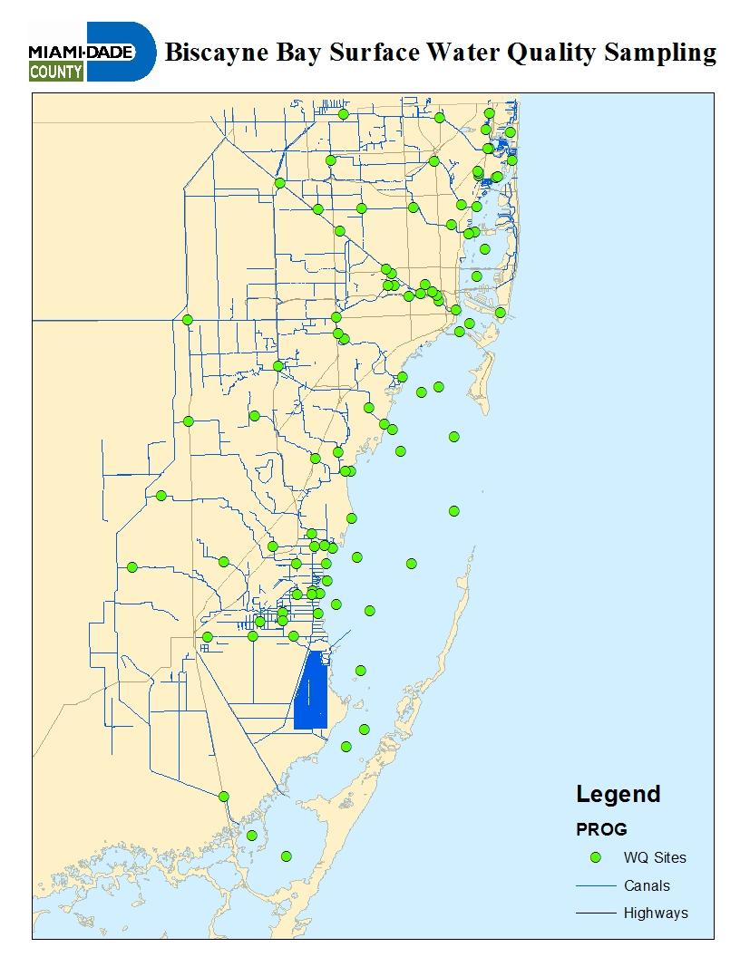 Miami Dade County Surface Water Quality Program 1979 Initiated sampling (19 Bay Stations) Presently 95 stations (47 Bay ; 48 canal and tributaries) 47 Parameters assessed to annually (parameter