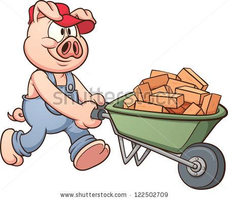 22. Porky is using a wheelbarrow to move a load of bricks to build his brick house.