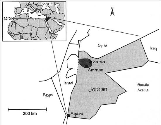 Figure XII.1 Location map of Jordan, indicating Amman and Zarqa where some of the more acute water shortages occur In 1985, the population of Greater Amman was 900,990.